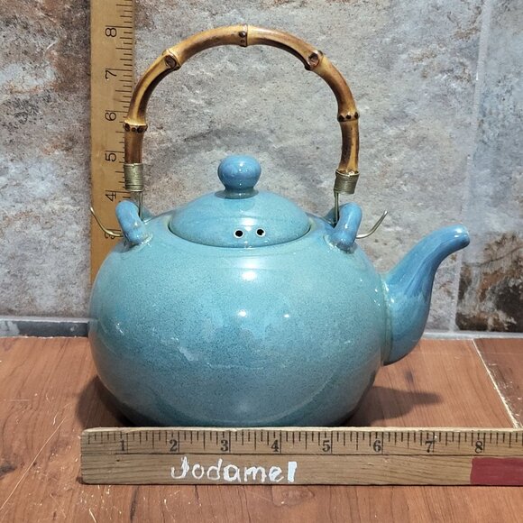Linens and Things Zen Stoneware Teapot Green Bamboo Handle 6 Cups Capacity - Picture 10 of 16